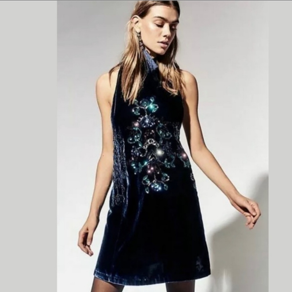 Free People Velvet and Sequin Blue Swing Dress XS